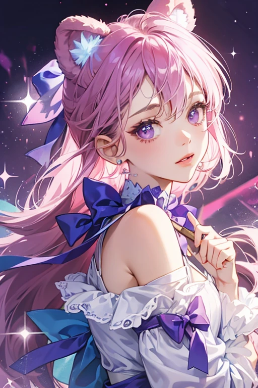 A blue Num with sections of purple and pastel pink. She has a basic face, bear ears and a stick pierces the top of her head with a raspberry-colored bow. SPARKLE; GLITTER