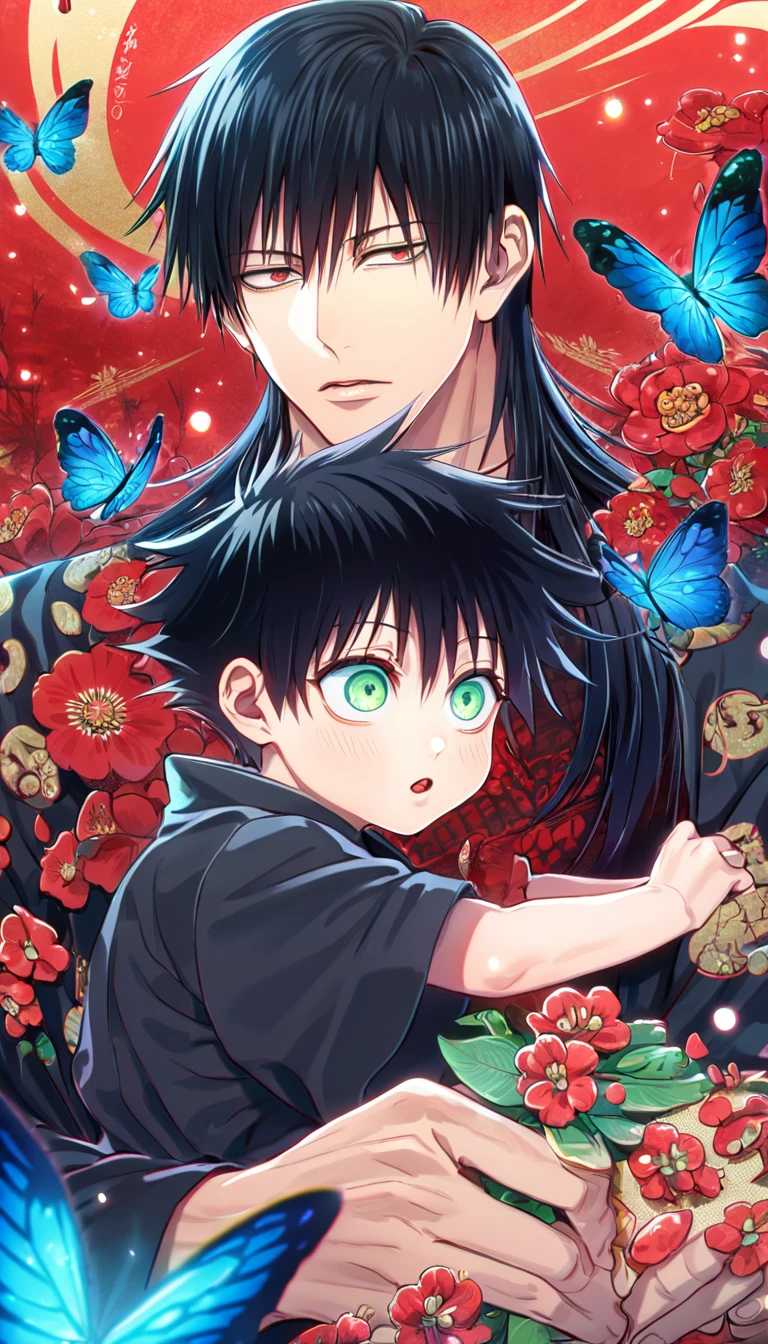 absurdres, highres, ultra detailed, HDR, master piece, Fushiguro Touji, black hair, expressive green eyes, Yugen as a little kid, black hair, long hair, expressive red eyes, Jujutsu Kaisen, black kimono, black haori with patterns, a handsome man carrying a cute boy, best quality, blue butterflies, red butterflies, red flowers, fantasy, magical, solo, red shining fireflies, red petals,