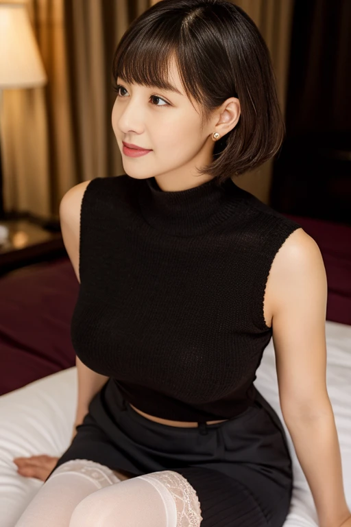 Photorealistic、Highest quality、 High resolution、8k、Surreal、Very delicate、Perfect dynamic composition、 Realistic skin feel、 One woman、whole body、Beautiful woman、 Beautiful attention to detail、 double eyelid、 (white　V-neck knit、)(black　Tight Skirt、black　stockings、) Big and ample breasts、Beautiful valley、 plump pelvis、Slim waist、 Adult Beauty、 (Sexy woman in her 30s)、 Classy atmosphere、(Brown　straight　short hair、bangs、)Sexy look、Gazing at the audience、 (Hotel Bedroom、 )Dark Room、Light stand light、