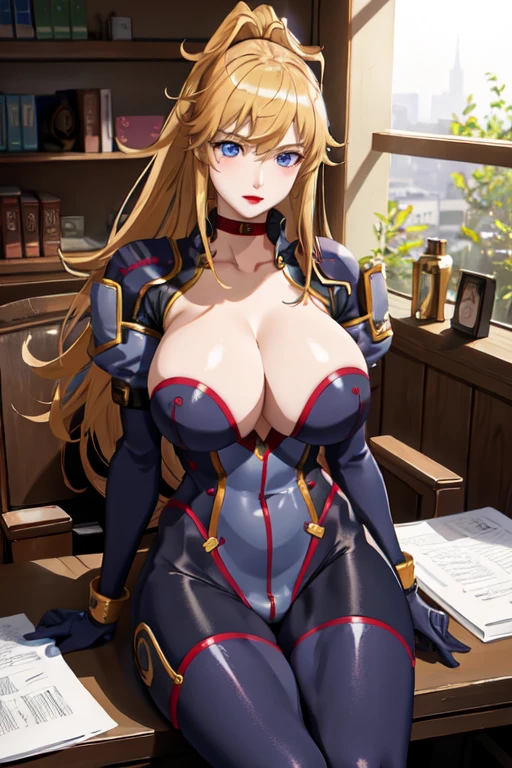 good anatomy, masterpiece, best quality, 4k, 8k, professional photography, soft light, sharp focus, realistic, 
ANIME_bodysuit_ownwaifu,www.ownwaifu.com,long hair,breasts,bodysuit,cleavage cutout,leotard,pauldrons,huge breasts, cleavage,large breasts,bangs,blue eyes,sidelocks,lipstick,gloves,makeup,elbow gloves,blonde hair,armor,choker,hair between eyes,collarbone,shoulder armor,ponytail,red lips,puffy sleeves,eyebrows visible through hair,
office space, 1girl, sitting in chair, bookshelves, windows, desklamp,