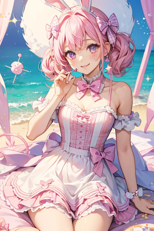 A swirled pink and white lollipop GIRL bunny Num with a winking expression. She has a purple bow sitting before her ears. SPARKLE; GLITTER