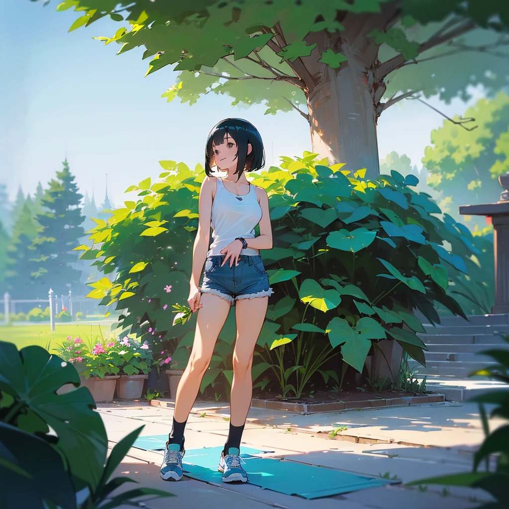 (high quality, High resolution, Very detailed, reality:1.37), Peaceful atmosphere, (Outdoor, garden), girl standing alone, (my breasts are big.), Beautiful details, Cute Smile, (Black bob hair), White tank top, Denim shorts, Blue socks, sneakers.