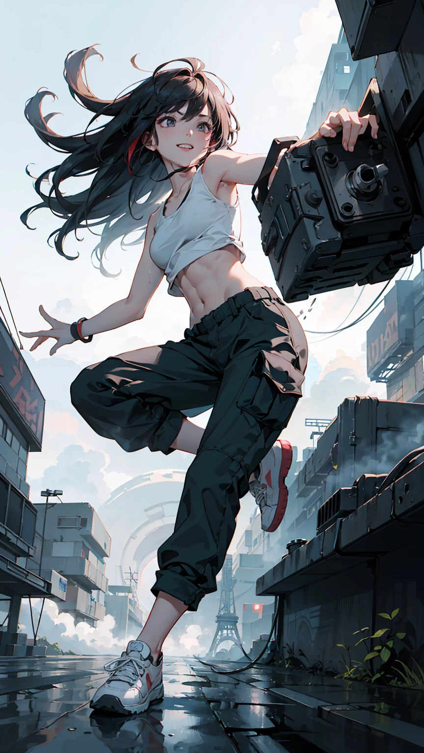 dance、Artistic jump、break dance、Intense movement、dynamism、Cyberpunk Style、Blade Runner atmosphere、Steam is coming out of the exhaust port on the road surface、The road is wet、solo、Fluttering Hair、cute、Beautiful woman、Small Face、White skin、Abdominal muscles、17 years old、Bright smile、Mouth half open、White teeth are visible、(Gradient color of black red hair、Disheveled long hair)、(cargo pants、Tank top、White sneakers)、(Delicate and fine fingers、Detailed body、Detailed Weapons、Human hand)、(Detailed face) 、(In 8K、Highest quality: 1.4、masterpiece、 Ultra-high resolution、 Highest Resolution,、Very detailed、 Professional Lighting、 Gray Light Lighting、Low angle from below、Blowing steam into the landscape、Fog in the landscape、Foggy、
