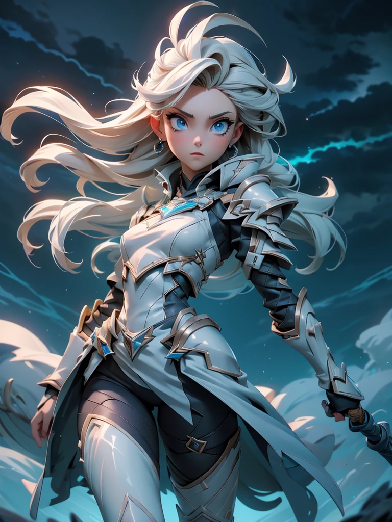 (((masterpiece, best quality 16k)))((full body shot)) of a girl in electrifying, futuristic armor with sleek gold and blue accents, standing in a stormy, electrified sky. She has short, spiky platinum blonde hair and piercing, electric blue eyes. Her skin has a faint, radiant glow, and she is adorned with intricate lightning bolt motifs. She holds a magnificent staff crackling with arcs of lightning, emitting a powerful, electric aura. The atmosphere is {charged|awe-inspiring}, with thunderclouds and bolts of lightning illuminating the scene. The ground beneath her is charged with static electricity, creating a shimmering effect and adding to the electrifying ambiance. Surrounding her are swirling storm clouds and bursts of lightning in shades of {blue|white}, casting a dynamic, electrical glow. The background features towering, swirling storm formations and glimpses of a distant, lightning-lit castle, hinting at a kingdom ruled by thunder and lightning. The scene is intense and majestic, with her face showing a confident yet serene expression, her eyes focused intently on harnessing her power.

[Best quality], [Masterpiece], [Ultra-detailed], [4k], {charged|awe-inspiring} atmosphere, stormy sky, {dynamic pose|commanding pose}, electrified illumination, {soft shadows|dramatic lighting}, {charged ground:0.7}, {swirling storm clouds:0.6}, {bursts of lightning:0.5}, {storm formations:0.4}, {lightning-lit castle:0.3}.