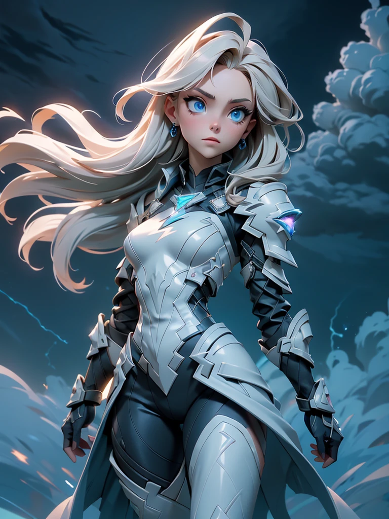 (((masterpiece, best quality 16k)))((full body shot)) of a girl in electrifying, futuristic armor with sleek gold and blue accents, standing in a stormy, electrified sky. She has short, spiky platinum blonde hair and piercing, electric blue eyes. Her skin has a faint, radiant glow, and she is adorned with intricate lightning bolt motifs. She holds a magnificent staff crackling with arcs of lightning, emitting a powerful, electric aura. The atmosphere is {charged|awe-inspiring}, with thunderclouds and bolts of lightning illuminating the scene. The ground beneath her is charged with static electricity, creating a shimmering effect and adding to the electrifying ambiance. Surrounding her are swirling storm clouds and bursts of lightning in shades of {blue|white}, casting a dynamic, electrical glow. The background features towering, swirling storm formations and glimpses of a distant, lightning-lit castle, hinting at a kingdom ruled by thunder and lightning. The scene is intense and majestic, with her face showing a confident yet serene expression, her eyes focused intently on harnessing her power.

[Best quality], [Masterpiece], [Ultra-detailed], [4k], {charged|awe-inspiring} atmosphere, stormy sky, {dynamic pose|commanding pose}, electrified illumination, {soft shadows|dramatic lighting}, {charged ground:0.7}, {swirling storm clouds:0.6}, {bursts of lightning:0.5}, {storm formations:0.4}, {lightning-lit castle:0.3}.