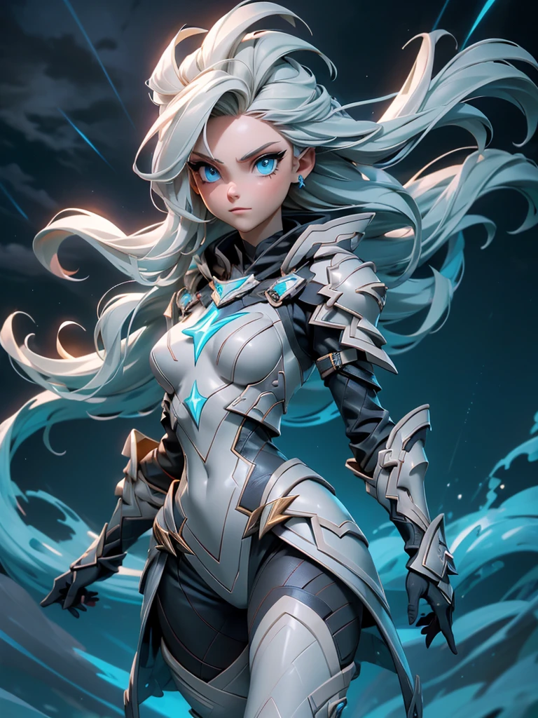 (((masterpiece, best quality 16k)))((full body shot)) of a girl in electrifying, futuristic armor with sleek gold and blue accents, standing in a stormy, electrified sky. She has short, spiky platinum blonde hair and piercing, electric blue eyes. Her skin has a faint, radiant glow, and she is adorned with intricate lightning bolt motifs. She holds a magnificent staff crackling with arcs of lightning, emitting a powerful, electric aura. The atmosphere is {charged|awe-inspiring}, with thunderclouds and bolts of lightning illuminating the scene. The ground beneath her is charged with static electricity, creating a shimmering effect and adding to the electrifying ambiance. Surrounding her are swirling storm clouds and bursts of lightning in shades of {blue|white}, casting a dynamic, electrical glow. The background features towering, swirling storm formations and glimpses of a distant, lightning-lit castle, hinting at a kingdom ruled by thunder and lightning. The scene is intense and majestic, with her face showing a confident yet serene expression, her eyes focused intently on harnessing her power.

[Best quality], [Masterpiece], [Ultra-detailed], [4k], {charged|awe-inspiring} atmosphere, stormy sky, {dynamic pose|commanding pose}, electrified illumination, {soft shadows|dramatic lighting}, {charged ground:0.7}, {swirling storm clouds:0.6}, {bursts of lightning:0.5}, {storm formations:0.4}, {lightning-lit castle:0.3}.
