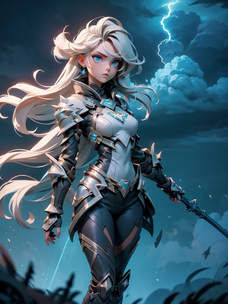 (((masterpiece, best quality 16k)))((full body shot)) of a girl in electrifying, futuristic armor with sleek gold and blue accents, standing in a stormy, electrified sky. She has short, spiky platinum blonde hair and piercing, electric blue eyes. Her skin has a faint, radiant glow, and she is adorned with intricate lightning bolt motifs. She holds a magnificent staff crackling with arcs of lightning, emitting a powerful, electric aura. The atmosphere is {charged|awe-inspiring}, with thunderclouds and bolts of lightning illuminating the scene. The ground beneath her is charged with static electricity, creating a shimmering effect and adding to the electrifying ambiance. Surrounding her are swirling storm clouds and bursts of lightning in shades of {blue|white}, casting a dynamic, electrical glow. The background features towering, swirling storm formations and glimpses of a distant, lightning-lit castle, hinting at a kingdom ruled by thunder and lightning. The scene is intense and majestic, with her face showing a confident yet serene expression, her eyes focused intently on harnessing her power.

[Best quality], [Masterpiece], [Ultra-detailed], [4k], {charged|awe-inspiring} atmosphere, stormy sky, {dynamic pose|commanding pose}, electrified illumination, {soft shadows|dramatic lighting}, {charged ground:0.7}, {swirling storm clouds:0.6}, {bursts of lightning:0.5}, {storm formations:0.4}, {lightning-lit castle:0.3}.