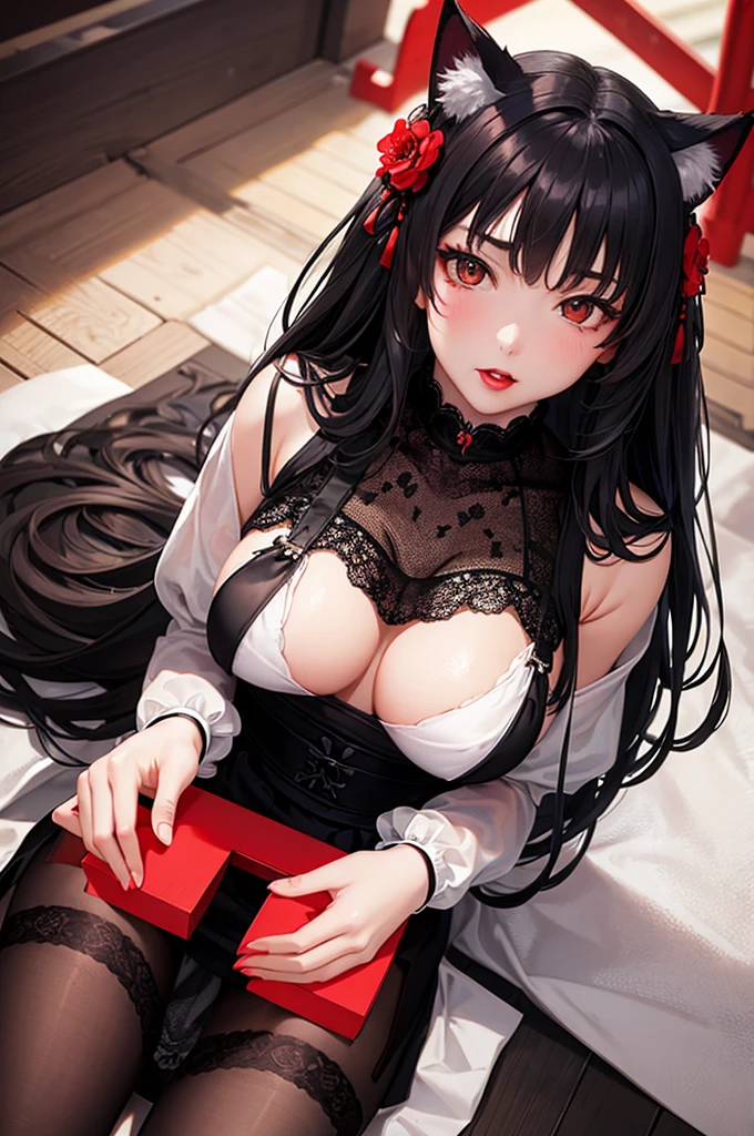 Detailed facial details，，1 girl，Red lips，Cat ear，Black long hair，Wearing pure white lace tights，Large Breasts，Garter stockings，Slim，Collar，Radiant Skin，Sit on a board，Torii，shrine，flower