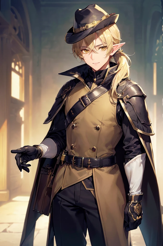 (((masterpiece; best quality: 1.2))), (finely detailed eyes: 1.3), (25 year old elf man), (solo), (yellow eyes: 1.4), (body; toned, fit, masculine: 1.3), (silky blonde hair in low ponytail: 1.3), (beautiful and clear background: 1.2), ((depth of field)), (equipment: adventurer garb + modest + elegant wide-brimmed hunter hat + dark overcoat + dark long cape + black pants + gloves + belt + pouches: 1.3), (anime illustration: 1.2), (background composition; royal garden: 1.1), (extremely fine and handsome: 1.1), (shot composition; standing + centered on torso + close-up: 1.5), (expression; calm, smile: 1.2)