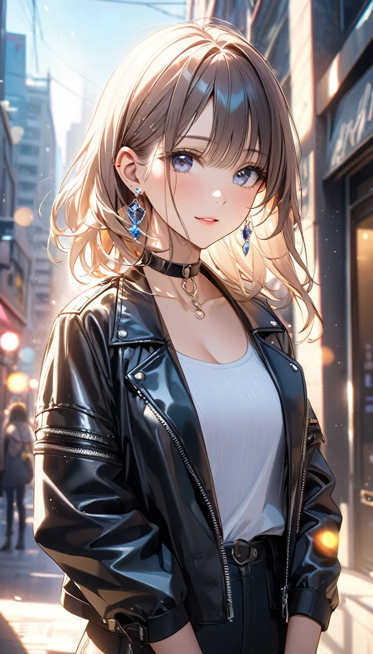best quality, super_delicate, beautiful, 8k, jacket, earrings, leather choker, lens_flare, bright, urban