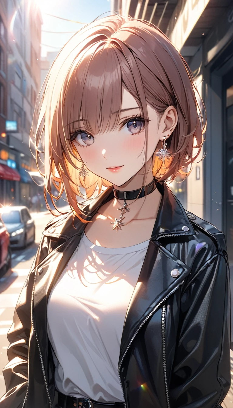 best quality, super_delicate, beautiful, 8k, jacket, earrings, leather choker, lens_flare, bright, urban