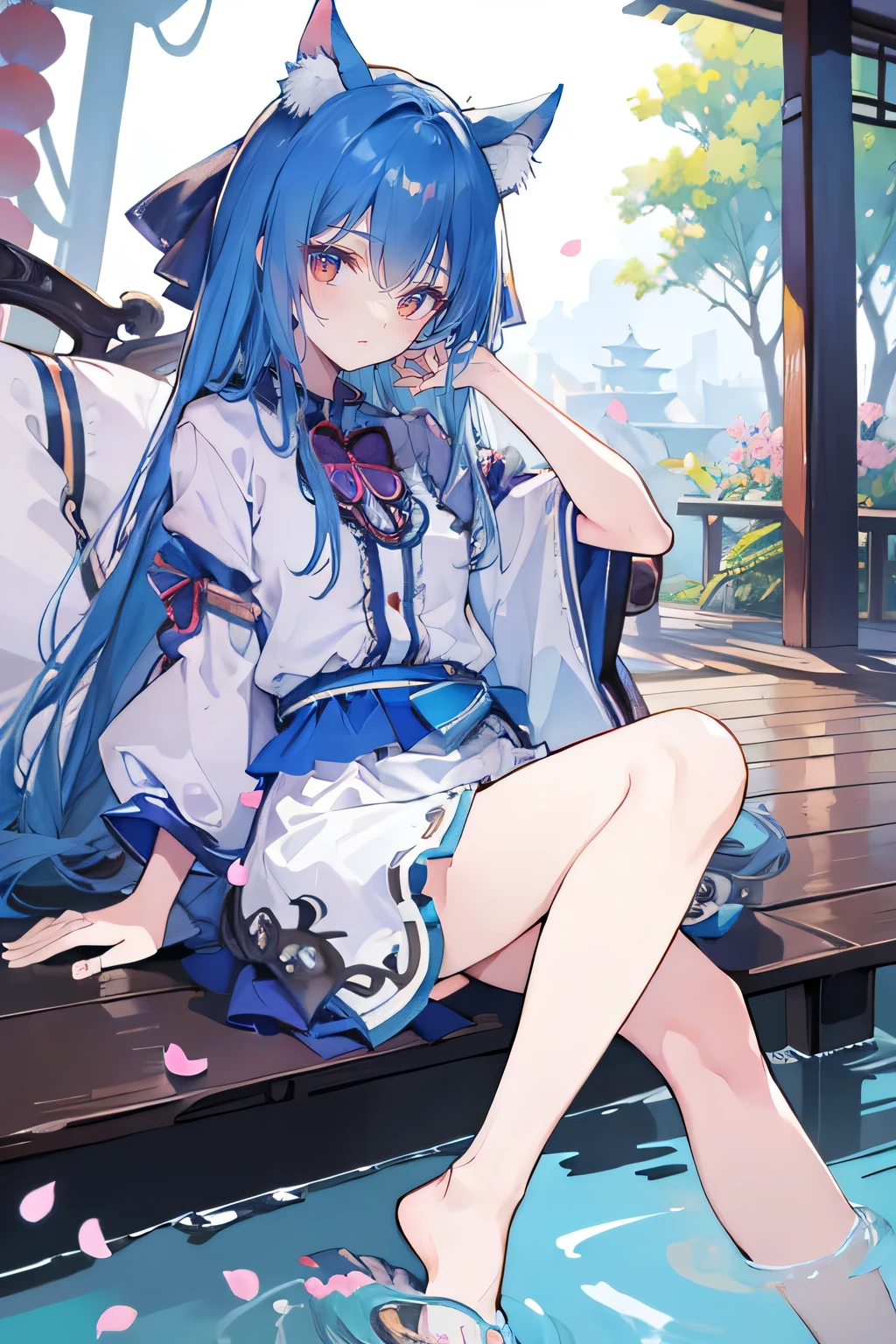 (masterpiece:1.2),ultra-detailed,realistic,expressive eyes,fair-skinned,perfectly shaped face,1girl,
Japanese cartoons,Gorgeous blue hair, flowing blue hair,floating clothes,cat ears,petals falling,beautiful Lola,Hina Angel,
hands on waist,gracefully sitting on the ground,legs crossed,gentle and serene background,cool and comfortable pavilion.