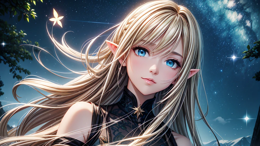 "landscapes"(masterpiece), (Better image quality), (Line drawing) , character "adult elf", (beautiful eyes), (detailed eyes), (detailed face),, Healing (beautiful eyes), (detailed eyes), (detailed face),:, mysterious landscape, gentle smile, loose hair, seated, loose hair anime, bright and shiny blonde hair, beautiful light source, beautiful woman, light eyes, whole body, beautiful face, Perfect structure of the human body, beautiful hair, beautiful light source, Pure white fur texture, perfect skin texture, perfect appearance, and star butterflies float across the scene, while a big shooting star lights up the sky. Smooth and ethereal animation style, with a soft and nocturnal color palette: dark blues, luminous greens and stellar pinks. . The atmosphere is magical and dreamlike."