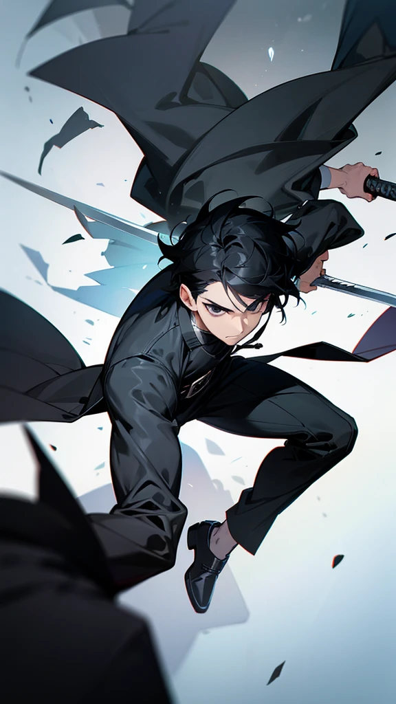 Male character with black hair and black clothes and black eyes and sword 