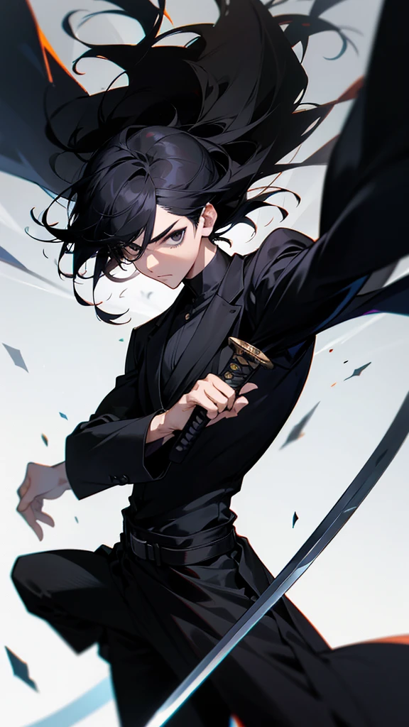Male character with black hair and black clothes and black eyes and sword