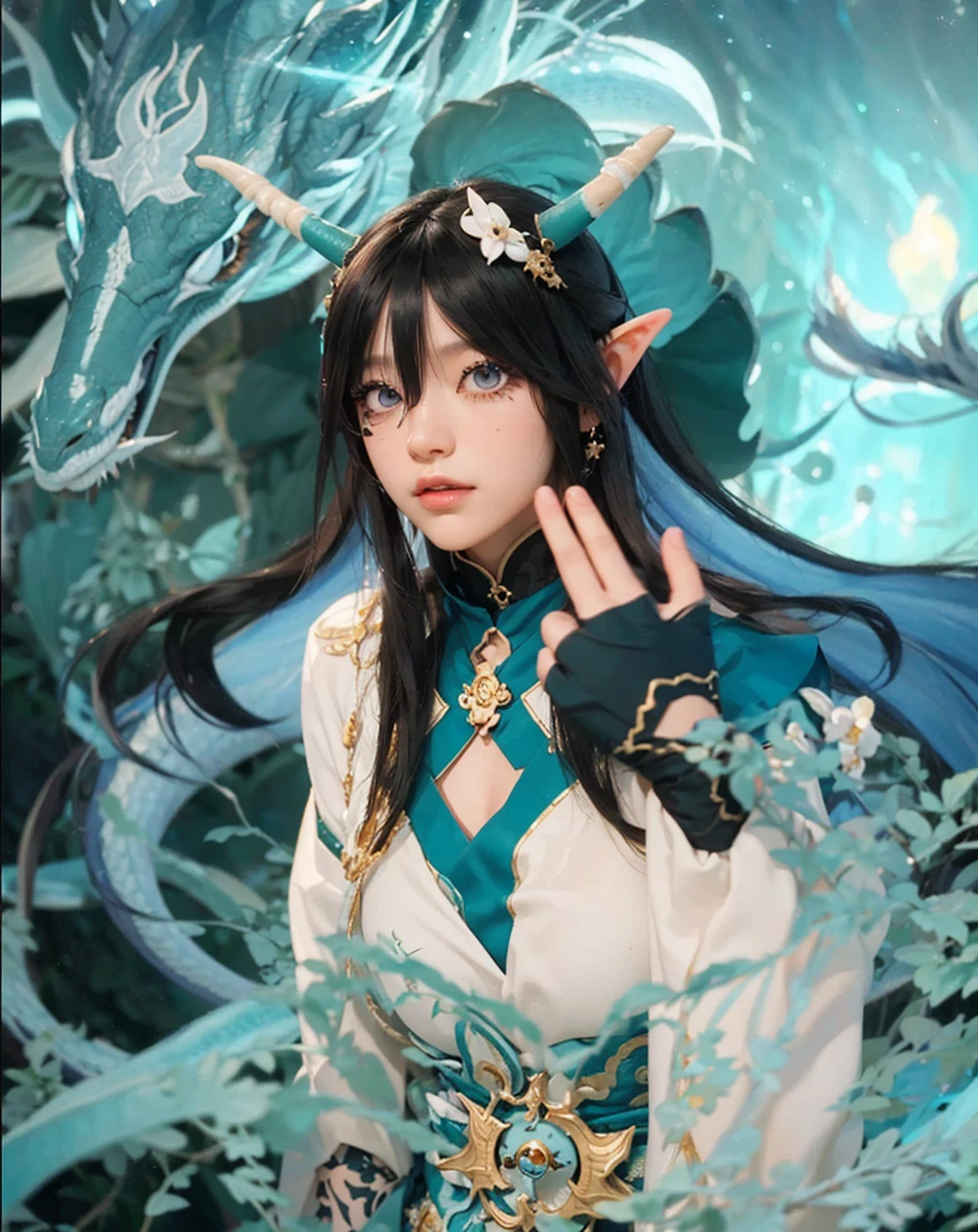 ( IMBIBITOR LUNAE_HONKAI STAR RAIL),((realistic, photorealistic)),(highlight hair)), Light reflection, (( HD )),((upper body)), (((best quality, masterpiece))), (masterpiece) (best quality) (detail) (8k) (HDR) (wallpaper) (cinematic lighting) (sharp focuasterpiece, best quality: 1.1), Real life adaption of this character, realistic outfit, realistic shadow, realistic light, realism, hyper realistic, realistic background,realistic hair,(photorealistic:1.2), (masterpiece: 1.2), (best quality: 1.3), (clear details: 1.3), ((((ultra-detailed)))), ((detailed eyes)), (extremely detailed face:1.4), (highly detailed eyelash:1.6), Japanese moon sky background,icebergrealistic Dragon,1boy, black_hair, chinese_clothes, clothing_cutout, male_focus, pointy_ears, solo, long_hair, blue_eyes, hair_between_eyes, bare_shoulders, jewelry, closed_mouth, upper_body, ahoge, multicolored_hair, horns, dragon_horns, tassel_earrings, dragon_boy
yinyuejun\(character\),dragon1\(features\),blurred background,woods,backlight,river,spray,one hand up,floating on the surface of the water,vast starry sky,Vortex ball, glow effect ,black hair flowing,Elf ears