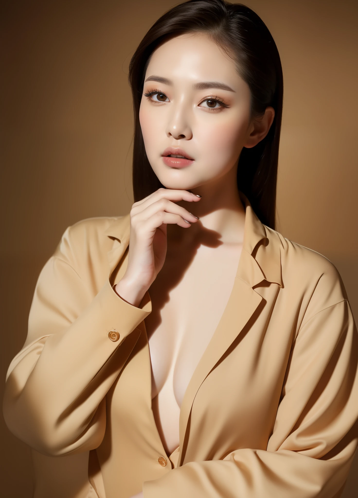 masterpiece,best quality, (one lady), ((portrait:1.5)), makeup, elegant beige shirt, lewd, erotic, touch own chest, ((seduction expression)), ,background black