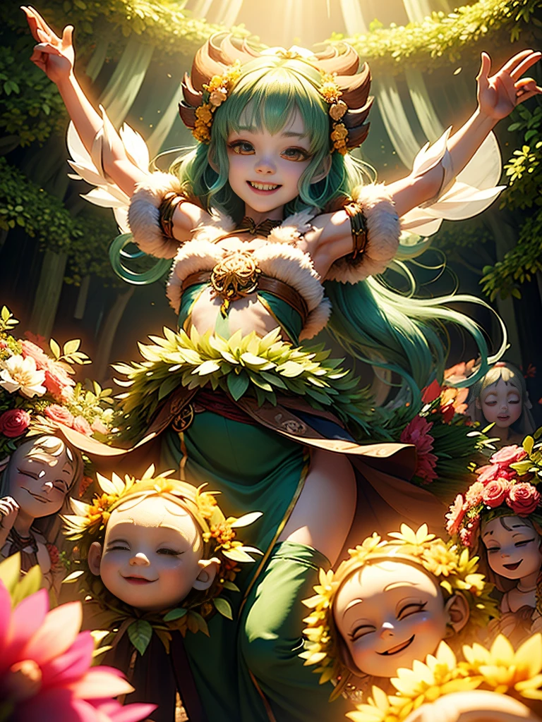 generate a group of mystical forest spirit girls with wreaths of flowers on their heads with pale skin dancing in a circle, adorable smile, cute teeth, masterpiece