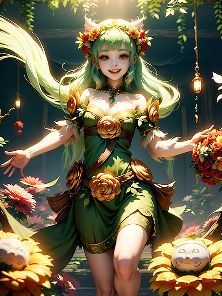 generate a group of mystical forest spirit girls with wreaths of flowers on their heads with pale skin dancing in a circle, adorable smile, cute teeth, masterpiece