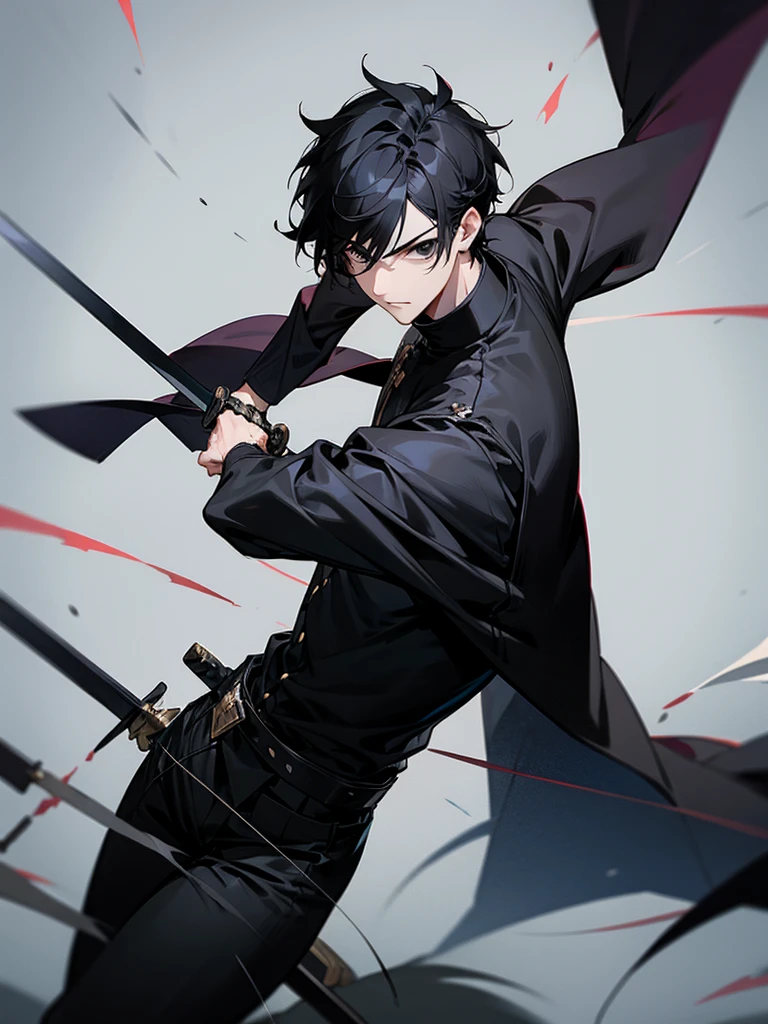 Male character with black hair and black clothes and black eyes and sword