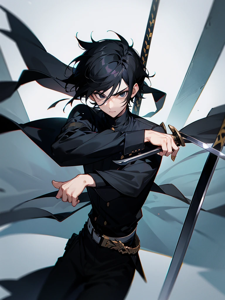 Male character with black hair and black clothes and black eyes and sword