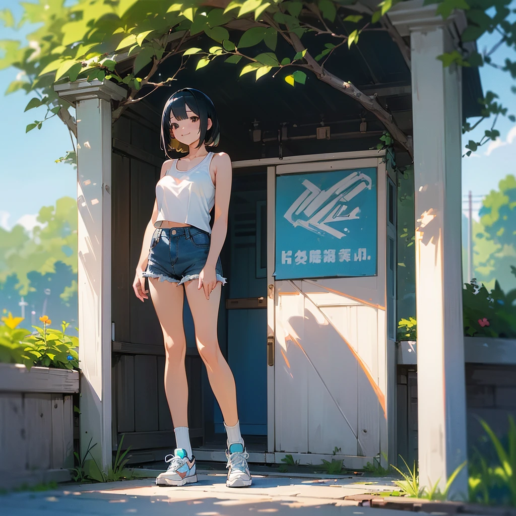 (high quality, High resolution, Very detailed, reality:1.37), Peaceful atmosphere, (Outdoor, garden), Teenage girl standing alone, (my breasts are big.), Beautiful details, Cute Smile, (Black bob hair), White tank top, Denim shorts, Blue socks, sneakers.
