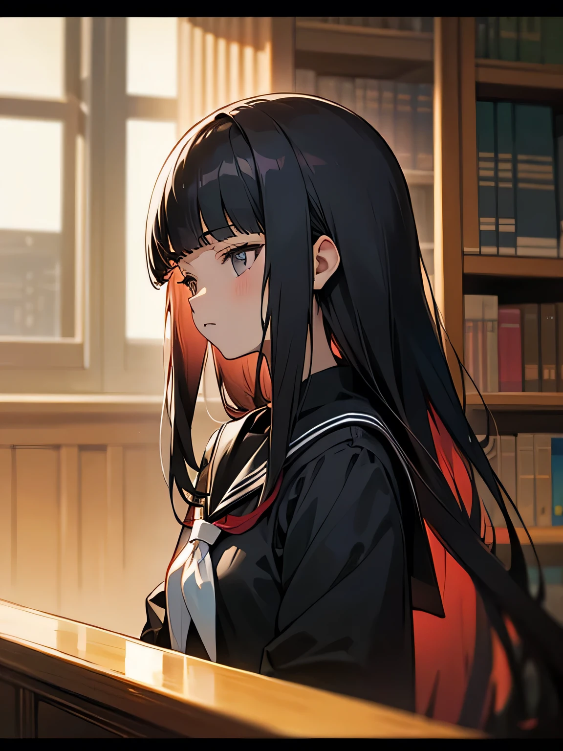 sideview,solo, upperbody, black long hair,hime cut, (very short sidelocks:0.5), (blunt bangs:1.2), gray color eyes, expression that wants to say something, black seifuku, school library, evening,