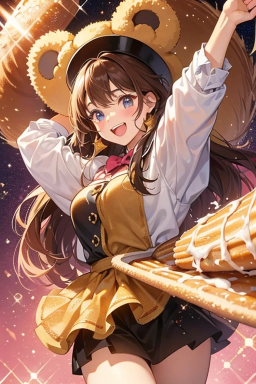 A churro GIRL bear Num with a excited expression. She is coated with glitter and has brown sauce seeping down from the churro filling. A bow adorns her right ear. SPARKLE; GLITTER