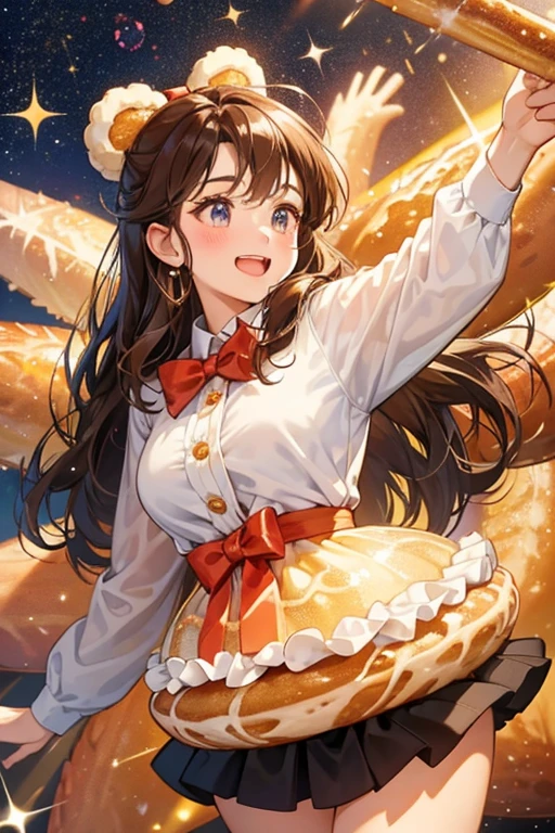 A churro GIRL bear Num with a excited expression. She is coated with glitter and has brown sauce seeping down from the churro filling. A bow adorns her right ear. SPARKLE; GLITTER