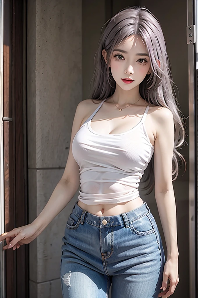 realistic, high resolution, 1 woman, alone, hips up, Look at the viewer., (detailed face), rainbow hair, rainbow hair, Wear jeans on the street, decorations,