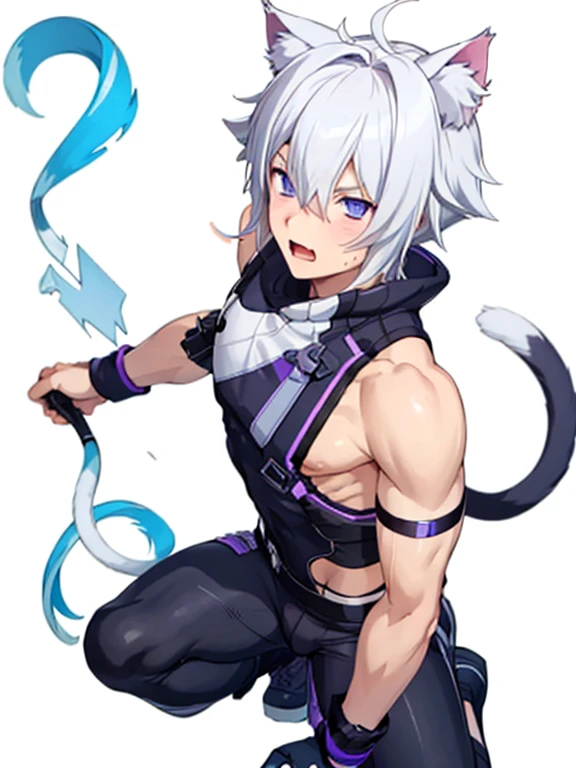 1 young person,alone,18-year-old,male,Shocked facial expression,blush,good looking,White hair Blue eyes,Purple eyes, Cat ear　Side view　Kneeled　Open your mouth and scream　suffer　Sleeveless, wistful expression　Exposure to electricity　Get it　Thick tail　Upper body naked　Raised to be sexy　Arms up Black pants