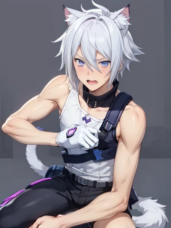 1 young person,alone,18-year-old,male,Shocked facial expression,blush,good looking,White hair Blue eyes,Purple eyes, Cat ear　Side view　Kneeled　Open your mouth and scream　suffer　Sleeveless, wistful expression　Exposure to electricity　Get it　Thick tail　Upper body naked　Raised to be sexy　Arms up Black pants