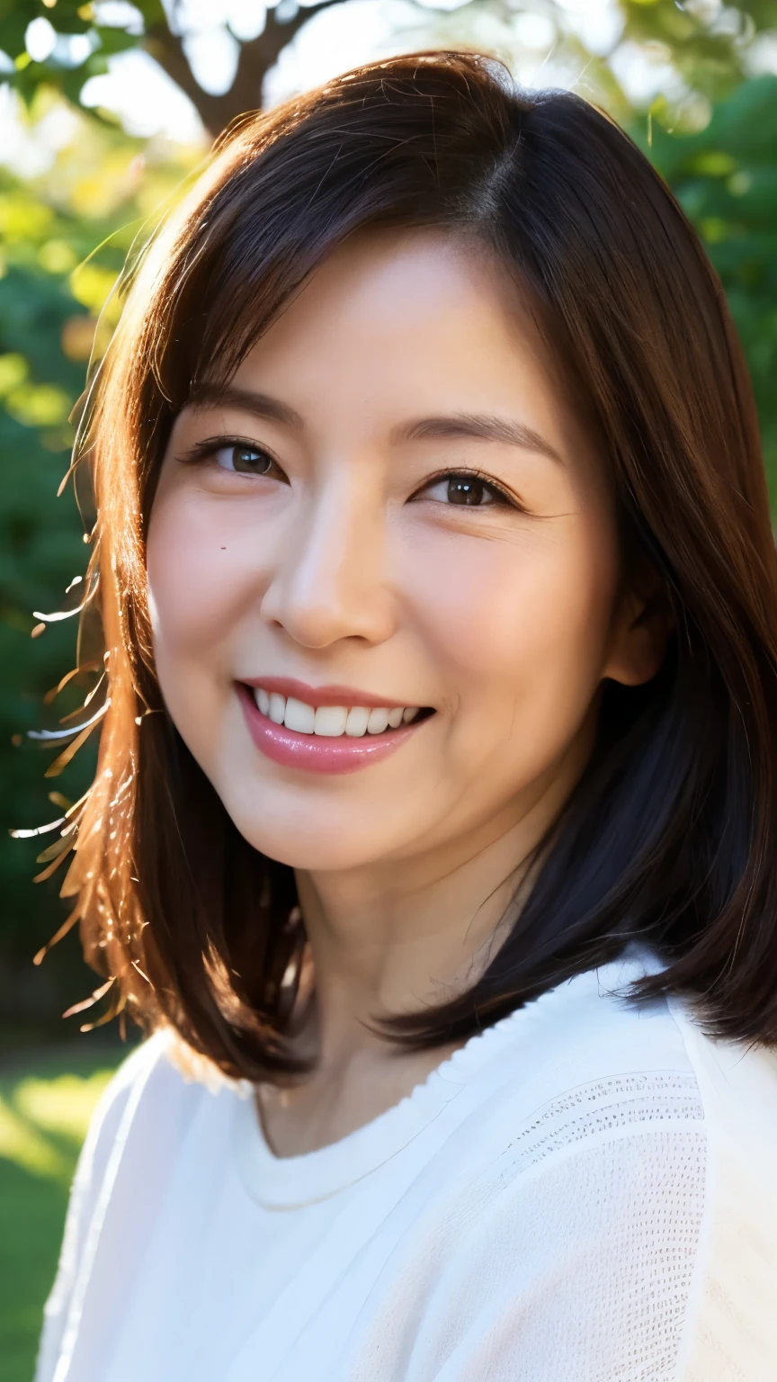 Standing in the park, Wrinkles around the eyes, Smiling with teeth showing, Plain short-sleeved clothing, senior citizen, Draw lips correctly, Red lipstick, No discomfort, 16K, Highest quality, Very detailed, Realistic, Very detailed肌, (Japanese), (alone), 60 years old, Large Breasts, , Glamour, sexy, Chromo White Skin, Staring straight ahead,