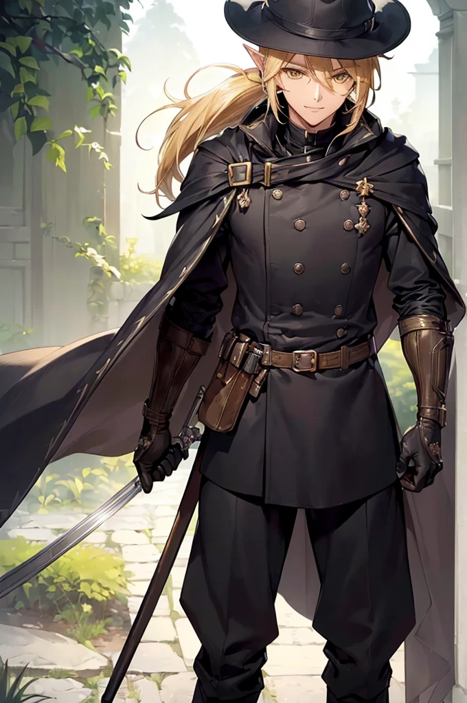 (((masterpiece; best quality: 1.2))), (finely detailed eyes: 1.3), (25 year old elf man), (solo), (yellow eyes: 1.4), (body; toned, fit, masculine: 1.3), (silky blonde hair in low ponytail: 1.3), (beautiful and clear background: 1.2), ((depth of field)), (equipment: adventurer garb + modest + elegant wide-brimmed hunter hat + dark overcoat + dark long cape + black pants + gloves + belt + pouches: 1.3), (anime illustration: 1.2), (background composition; royal garden: 1.1), (extremely fine and handsome: 1.1), (shot composition; standing + centered on torso + close-up: 1.5), (expression; calm, smile: 1.2)