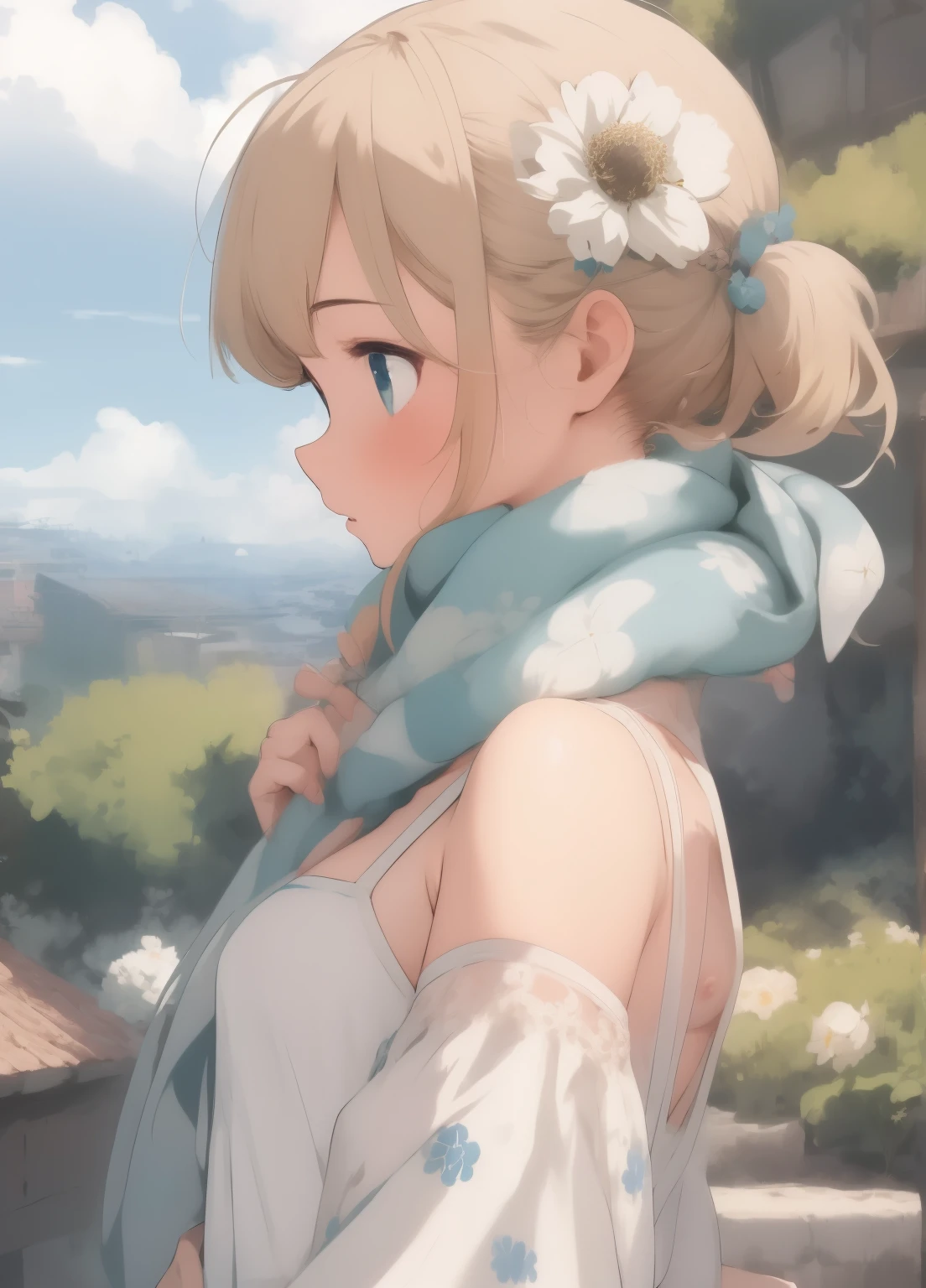 (masterpiece、Highest quality、Highest quality、Official Art、Beautiful and beautiful:1.2)、(One girl:1.3)Hatsune Miku、Twin tails,Beautiful breasts, Katsushika Hokusai, masterpiece, Highest quality,,One girl, Light (Genshin Impact), alone, null, Blonde, hair flower, flower, cloud, dress, hair ornaments, white dress, blue null, chest, Removable sleeves, scarf, Outdoor, Exposing shoulders, white scarf, Day, short hair with long locks, From the side, short hair, cloudy null, bangs, white flower, medium chest, Upper Body, Side Lock, White sleeves, No sleeve  