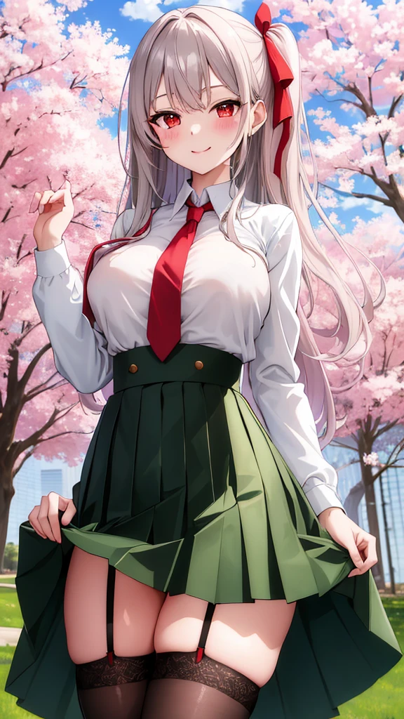masterpiece, best quality, highres, blush stickers, long hair, large breasts, , green skirt, pleated skirt, red necktie, garter belt, garter straps, white shirt, long sleeves, grey jacket, reaching out, smile, cherry blossoms, outdoors, cowboy shot, large breasts, up skirt panties, showing panties, blush, sexy, athletic body, silverd hair, red eyes,red panties, brown thighhighs 