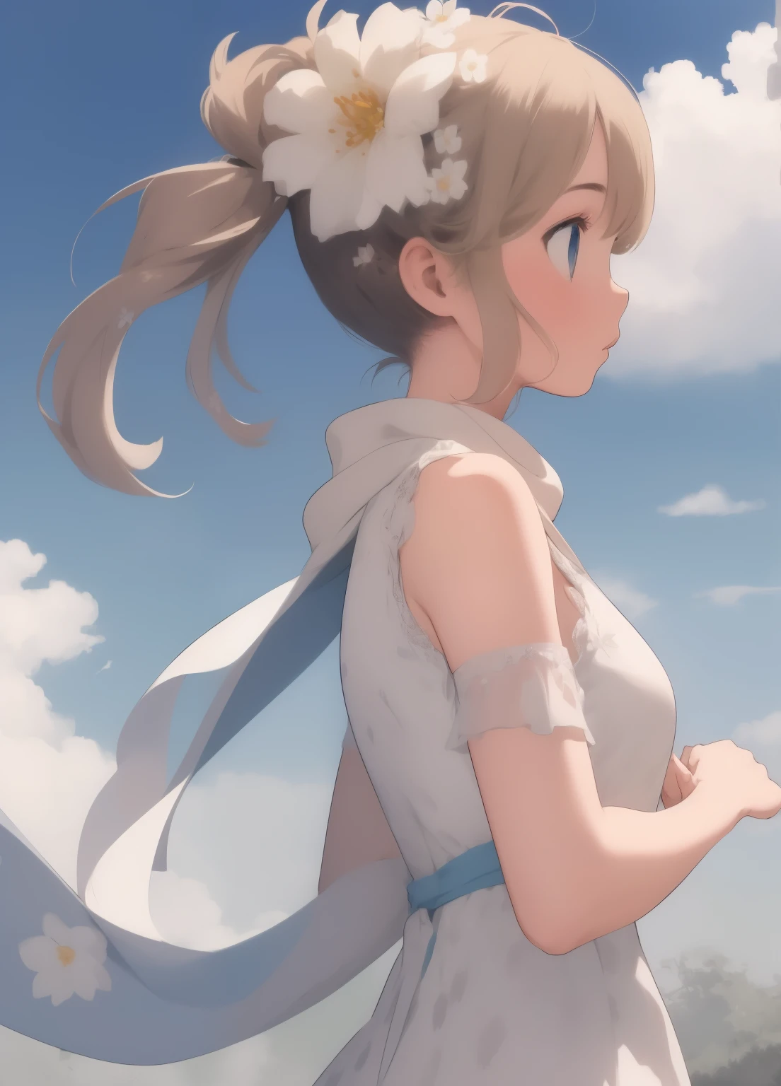 (masterpiece、Highest quality、Highest quality、Official Art、Beautiful and beautiful:1.2)、(One girl:1.3)Hatsune Miku、Twin tails,Beautiful breasts, Katsushika Hokusai, masterpiece, Highest quality,,One girl, Light (Genshin Impact), alone, null, Blonde, hair flower, flower, cloud, dress, hair ornaments, white dress, blue null, chest, Removable sleeves, scarf, Outdoor, Exposing shoulders, white scarf, Day, short hair with long locks, From the side, short hair, cloudy null, bangs, white flower, medium chest, Upper Body, Side Lock, White sleeves, No sleeve  