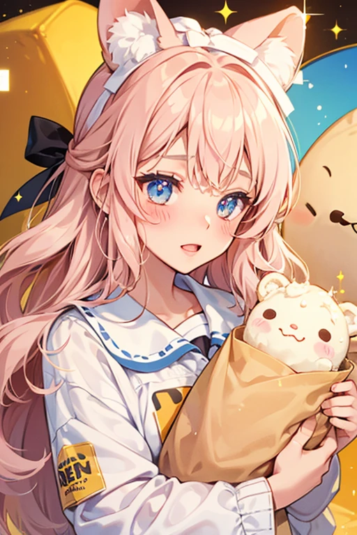 A tan burrito GIRL bear with a winking eye and slightly opened mouth. Cheese seeps down the front of her head, while cream rests on the top. On her left ear is a light pink bow to match her blushing cheeks. SPARKLE; GLITTER