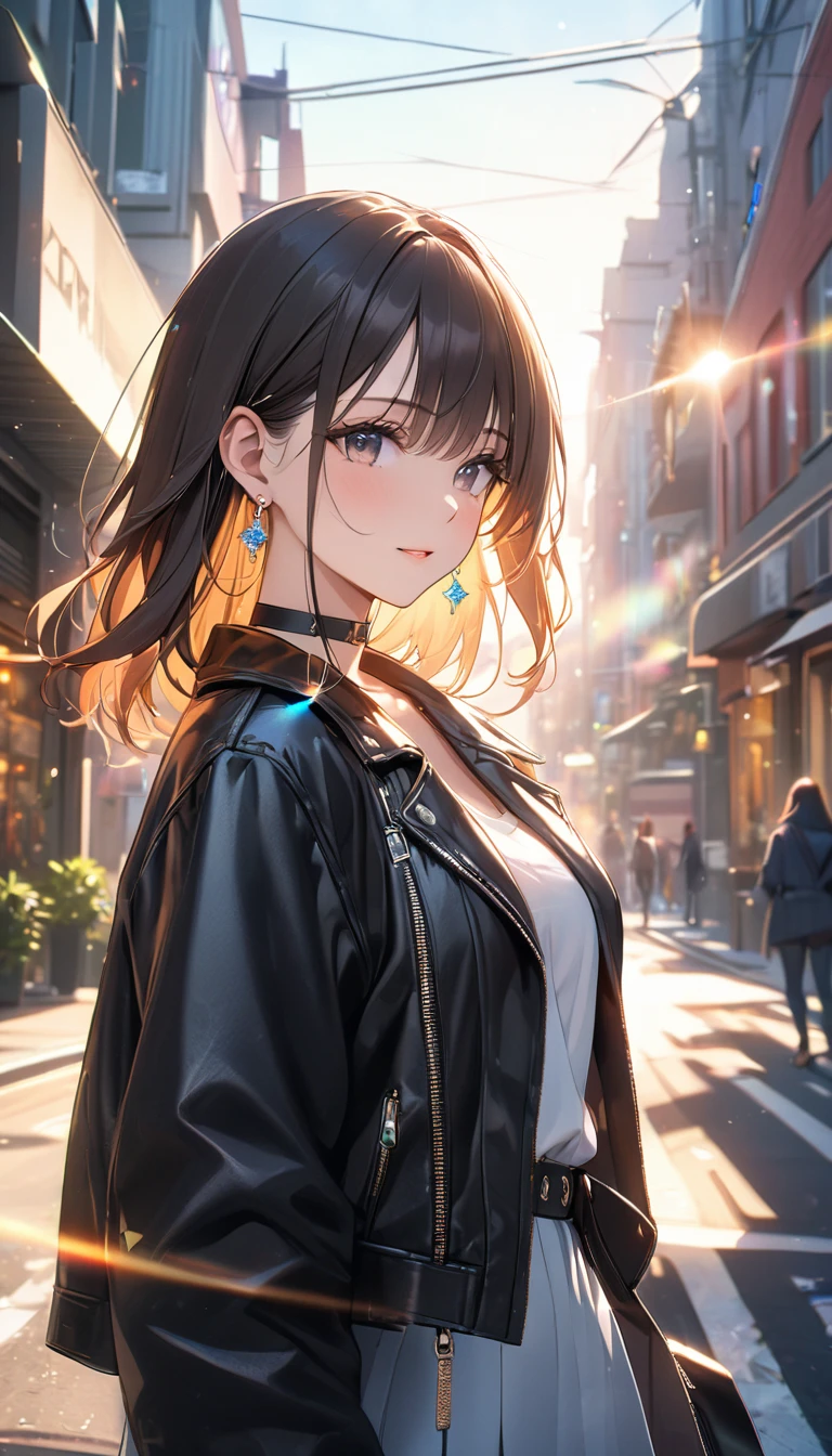 best quality, super_delicate, beautiful, 8k, jacket, earrings, leather choker, lens_flare, bright, urban