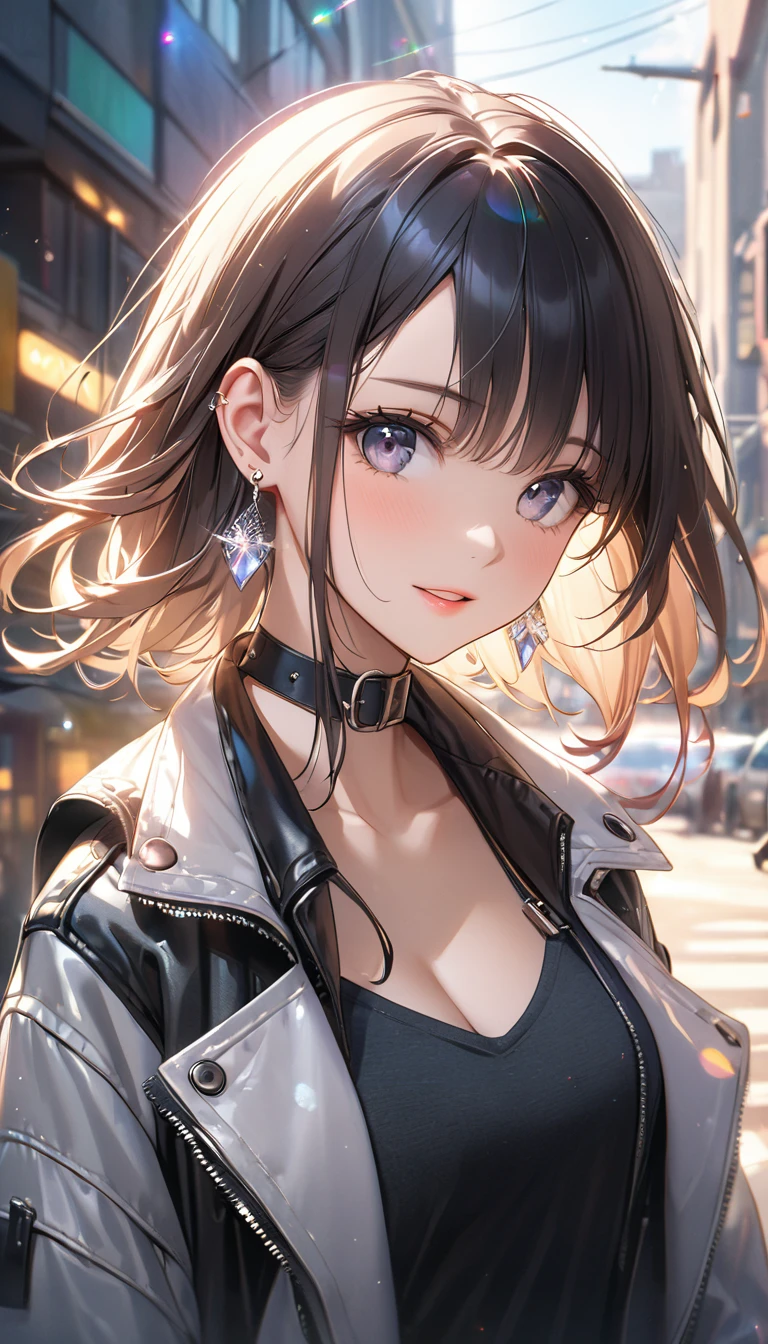 best quality, super_delicate, beautiful, 8k, jacket, earrings, leather choker, lens_flare, bright, urban