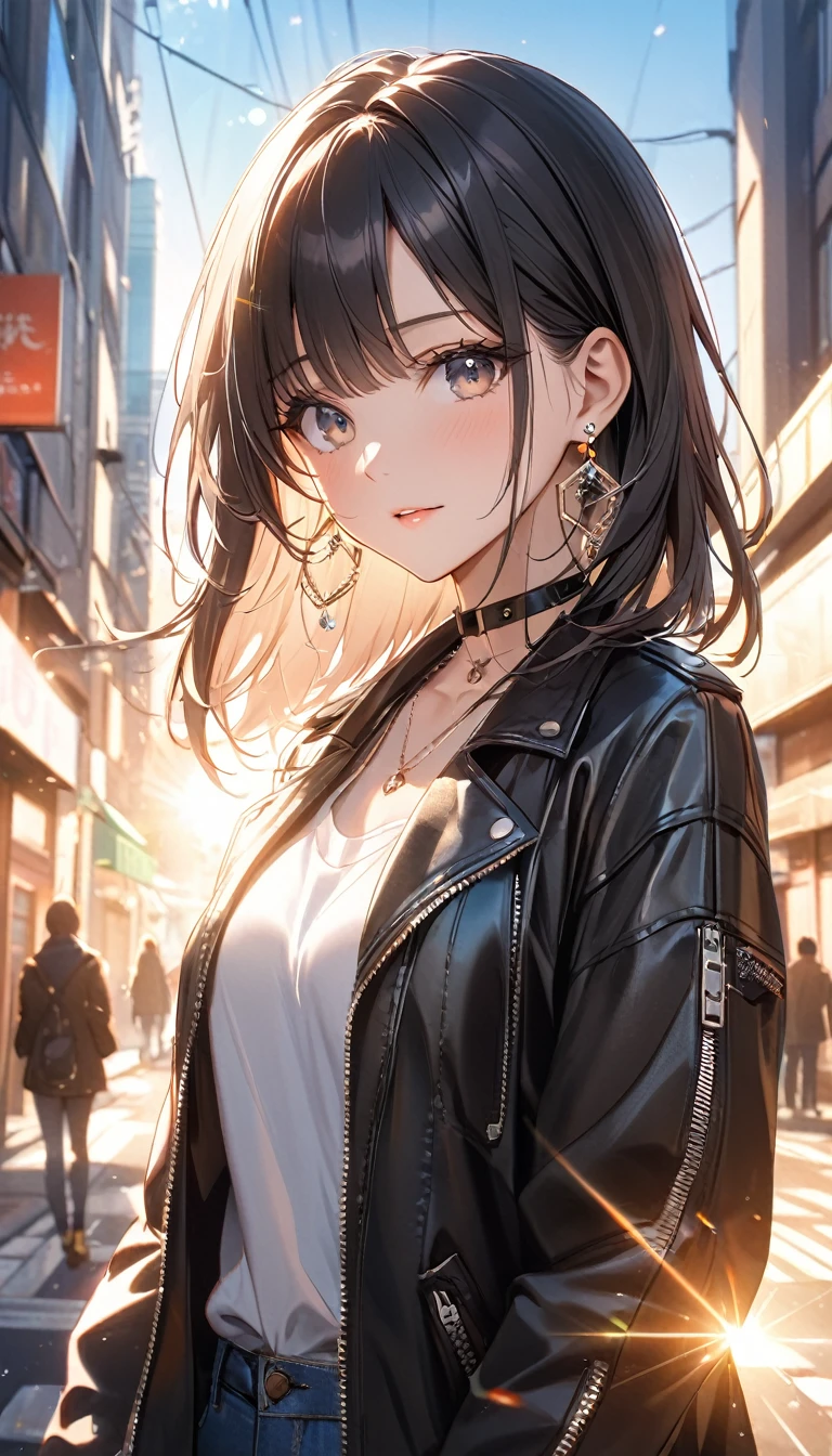 best quality, super_delicate, beautiful, 8k, jacket, earrings, leather choker, lens_flare, bright, urban