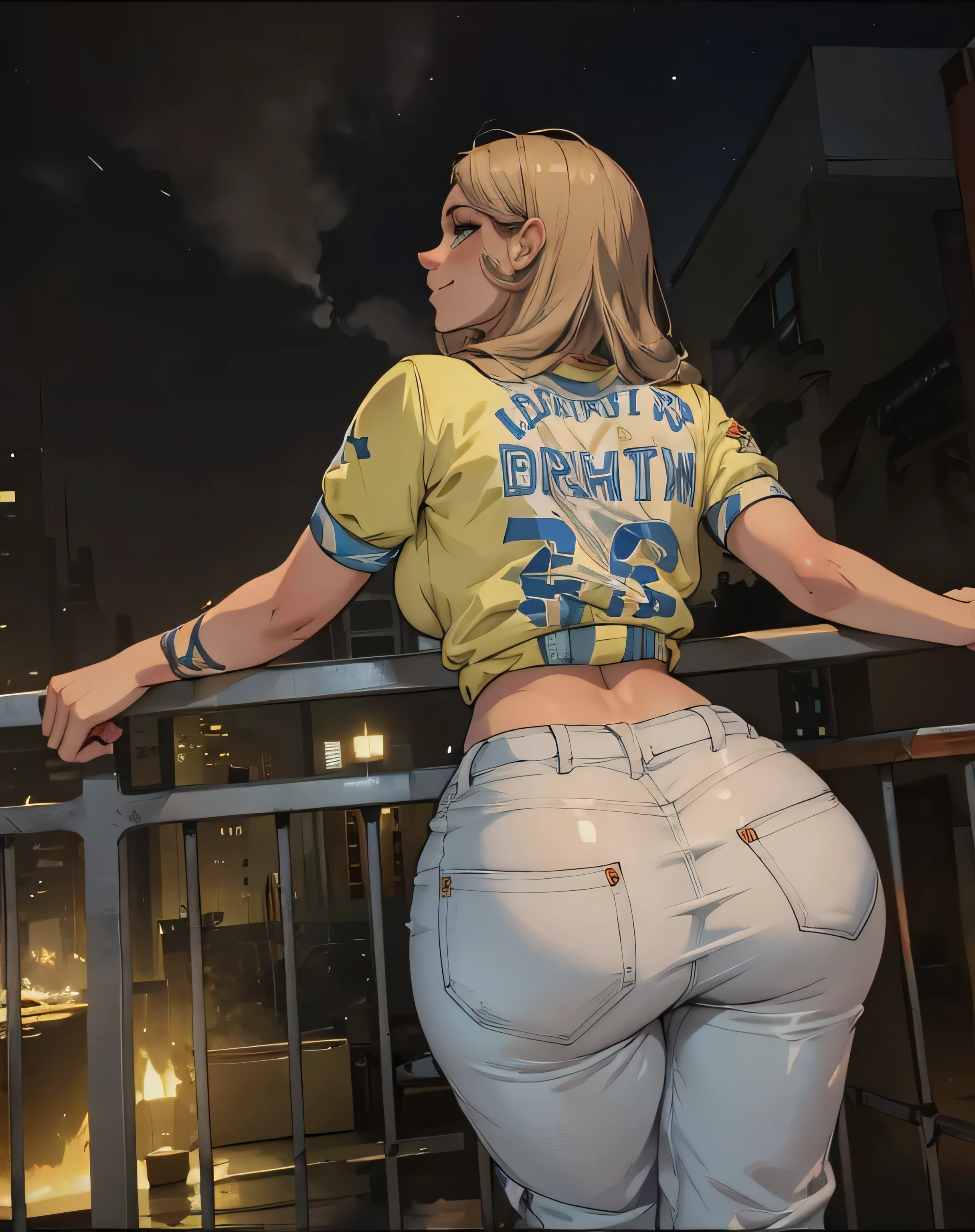 a girl with a large butt and big butt, her body marked in her clothe, she smilling, she looking for the sky