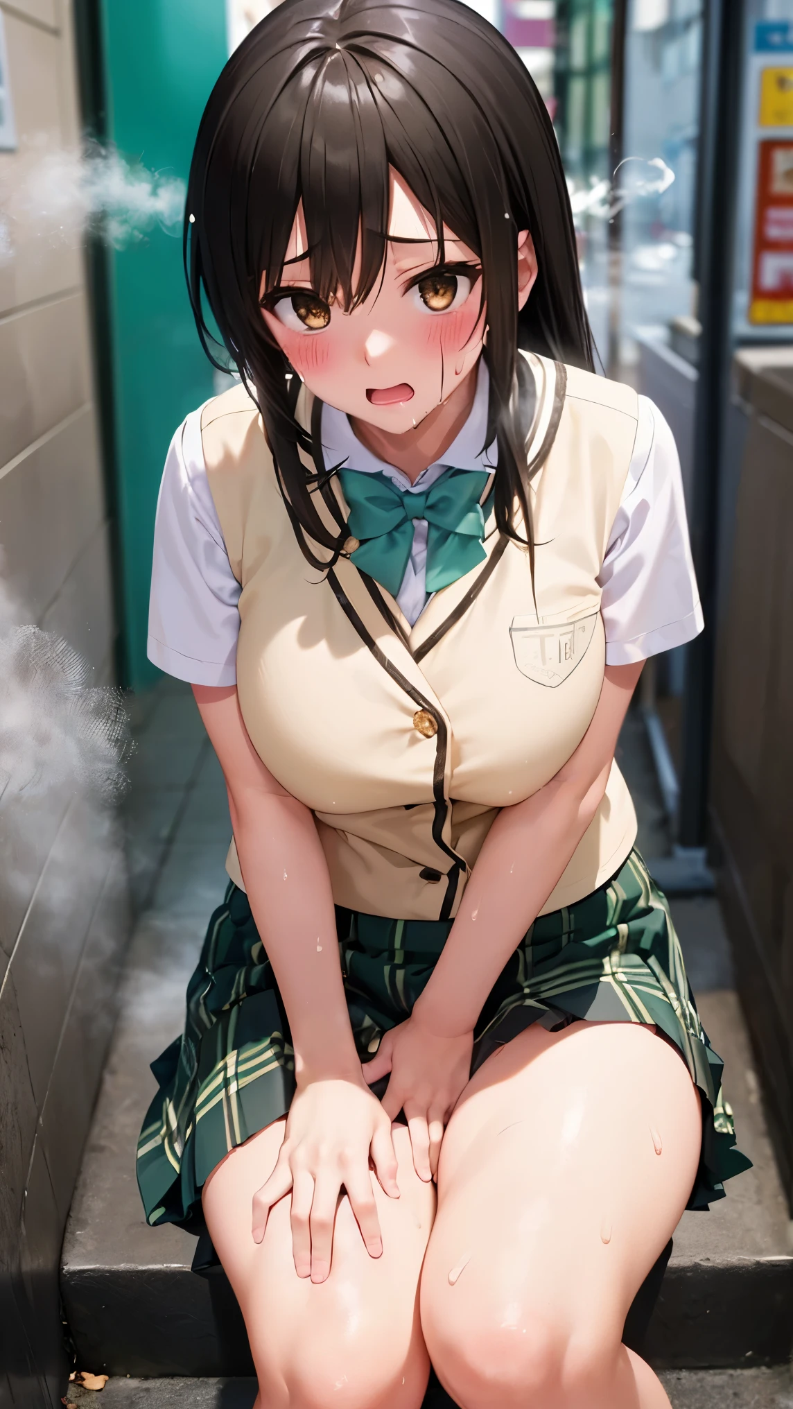 best quality,1girl,((big breasts:1.3)),curvy,((orgasm,blush,sweat,steam:1.3)),yui kotegawa, black hair, (brown eyes:1.5), long hair, green skirt, plaid, plaid skirt,((sainan high , school uniform)), skirt, short sleeves,((lift skirt,upskirt,white panties,lace panties:1.1)),thighhighs,remote controller, remote control,crotchAngle,head out of frame,lower body,have to pee,covering crotch,(((hand between legs))),knees together feet apart,stand,standing,リモコン,boy