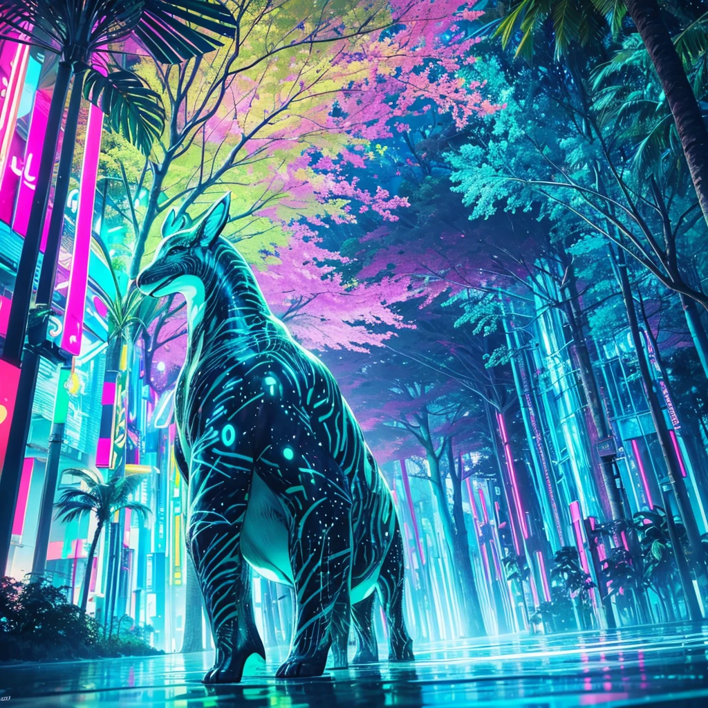 A big place with neon plants like alien style with tribe villages and with big trees in these trees their roots are kind of big neon and the trunk is kind of colorful, com rio passando com uma agua bem clara, When you look at the reflection of the water it gives neon lighting and the sky has colorful clouds (neon rave) neon lights super neon clarity, show wonderful lights wonderful night multcolor lights animal multcolor neon, radiant, creative ultra rave multcolored