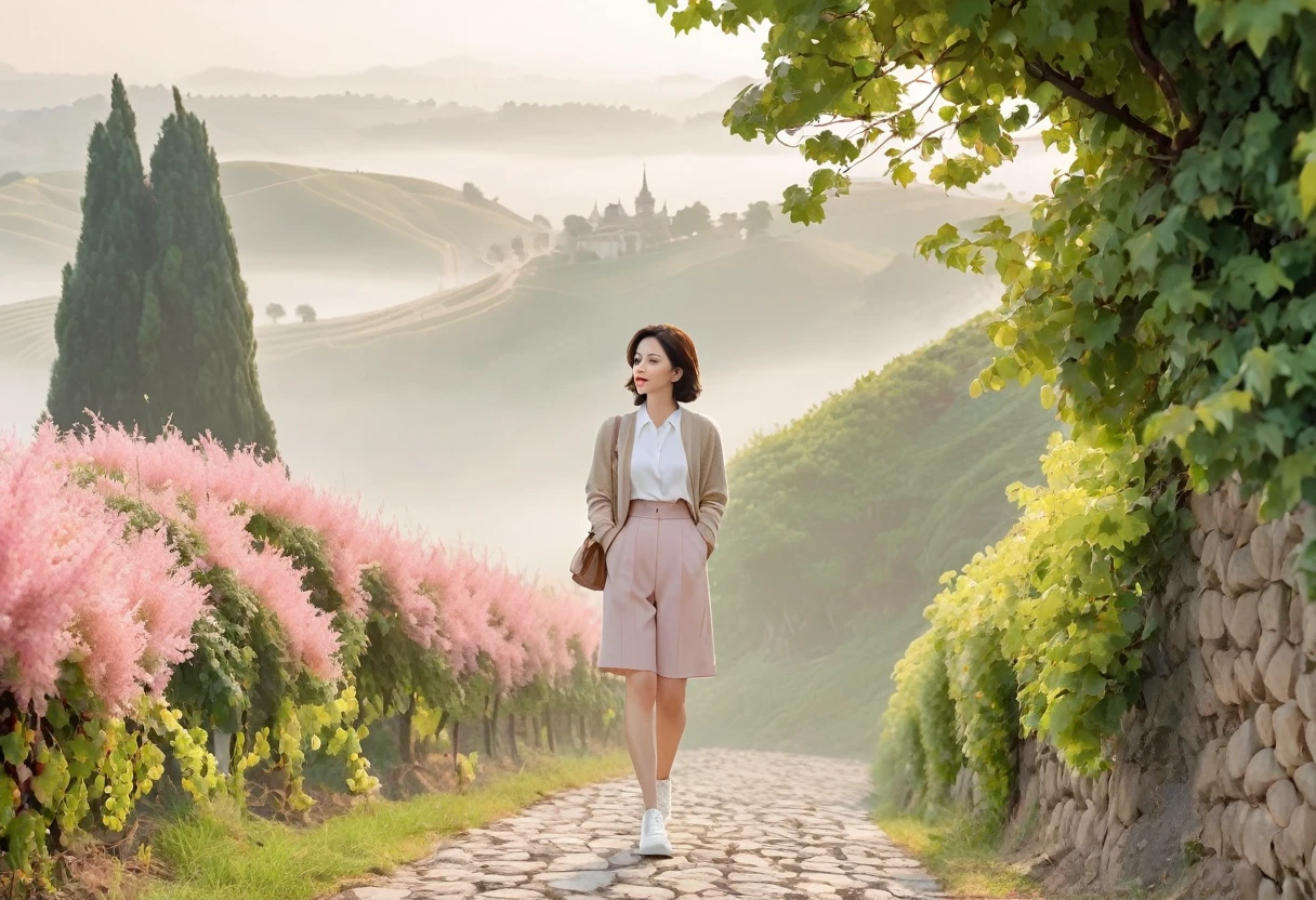 8k, high quality, Vivid picture quality, 아름다운 36세 한국 female. Son Ye-jin is inspired. Short in stature, Short hair, Light pink shirt and luxury Brent short cardigan, beige casual pants, Dawn fog, italian countryside dawn, Vineyard covered in thick fog, Cathedral. Walking on a curved path, look up. Full body with Canon camera 16-35 wide angle lens, three-dimensional vines and leaves, female , Walking down a curved narrow path on a hill, Luxury brand sneakers, It's spring so the grapes haven't bloomed yet.