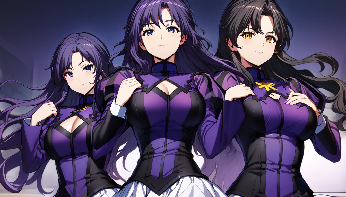 High detailed, 3 girls, matching hairstyles, matching uniforms, matching sizes,  violet eyes, purple tones colored hair, wavy long hair, busty, chunky body, yellow genetics's uniform, Juliet sleeves,  deep cleavage, white skirt, genetics's uniform, juliet sleeves, genetics's uniform, posing together