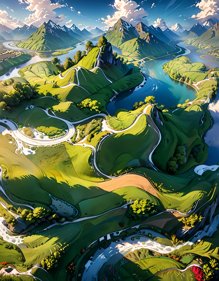 Bird's-eye view flying 500 meters above the ground, looking down at (right angles1.2) onto the fields below, beautiful landscape, aerial photography, rolling hills, lush meadows, countryside, meandering river, snow-capped mountains, dramatic clouds, morning light shining in from an angle, natural dramatic lighting, cinematic composition, stunning vistas, breathtaking scenery, serene atmosphere, peaceful countryside, (highest quality, 4k, 8k, high resolution, masterpiece 1.2), ultra-detailed, (realistic, photorealistic, photorealistic 1.37), landscape photography, vibrant colors, natural light, detailed lighting, dramatic shadows, vibrant colors, fantasy, digital art, concept art