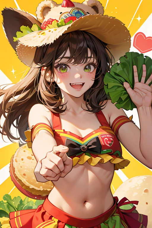 A taco GIRL bear Num with a excited wink expression. One of hER ears is buried by a sombrero colored yellow, red, and green. HER taco fillings are shredded meat and some lettuce. The taco shell makes hER bear ears. While hER fillings poke out from the inside of hER taco shell. SPARKLE; GLITTER