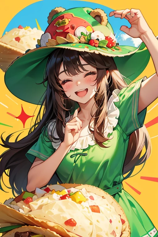 A taco GIRL bear Num with a excited wink expression. One of hER ears is buried by a sombrero colored yellow, red, and green. HER taco fillings are shredded meat and some lettuce. The taco shell makes hER bear ears. While hER fillings poke out from the inside of hER taco shell.  SPARKLE; GLITTER