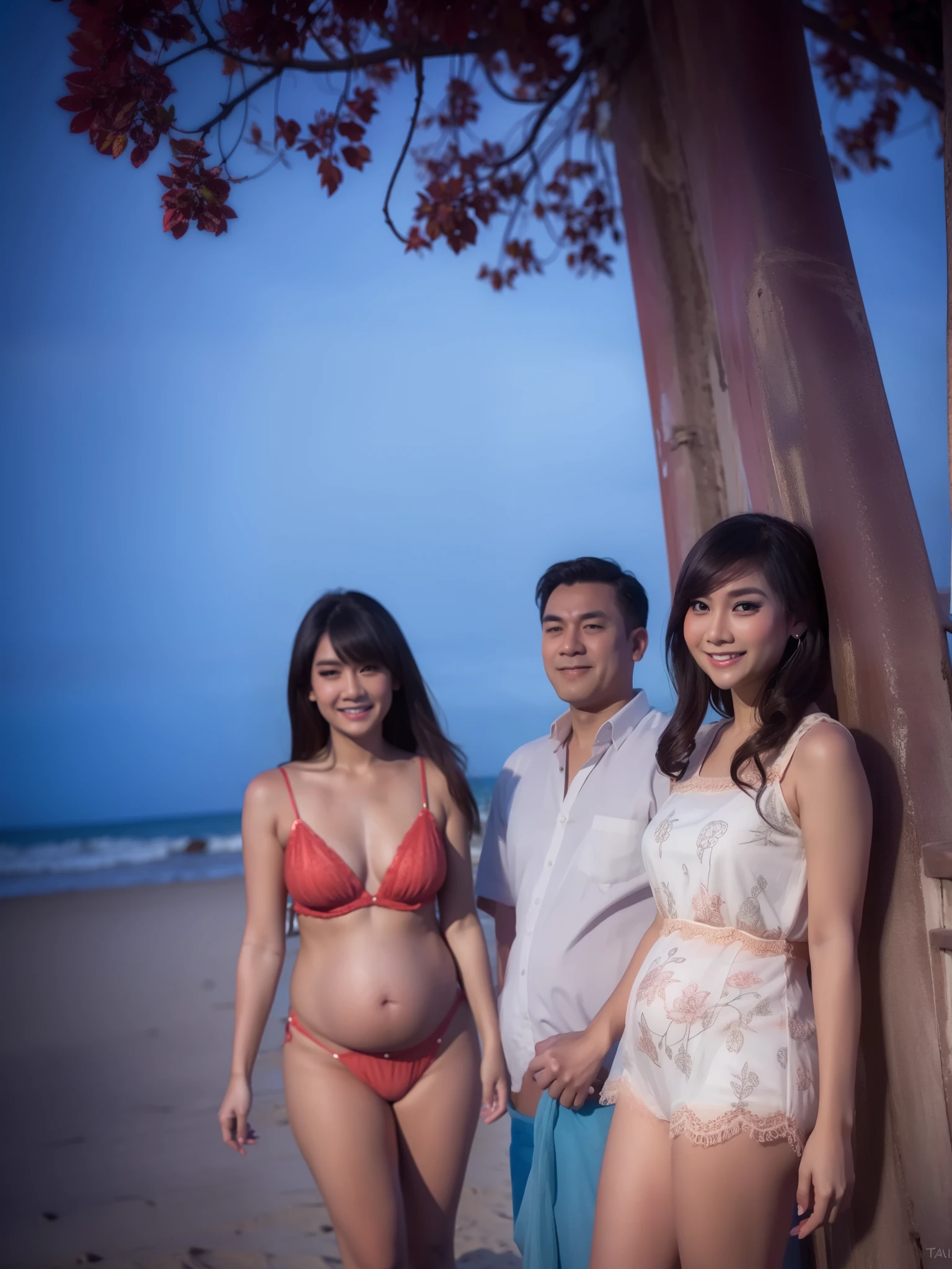A beautiful Indonesian woman in a red transparent mini dress, big pregnant, smiling, bangs, long eyelashes, red painted nails, earrings, sensual, makeup, outdoor beach, realistic, photorealistic, 8k, high quality, hyper detailed, chiaroscuro lighting, dynamic pose, dramatic lighting, cinematic, elegant, intricate details, warm color tones